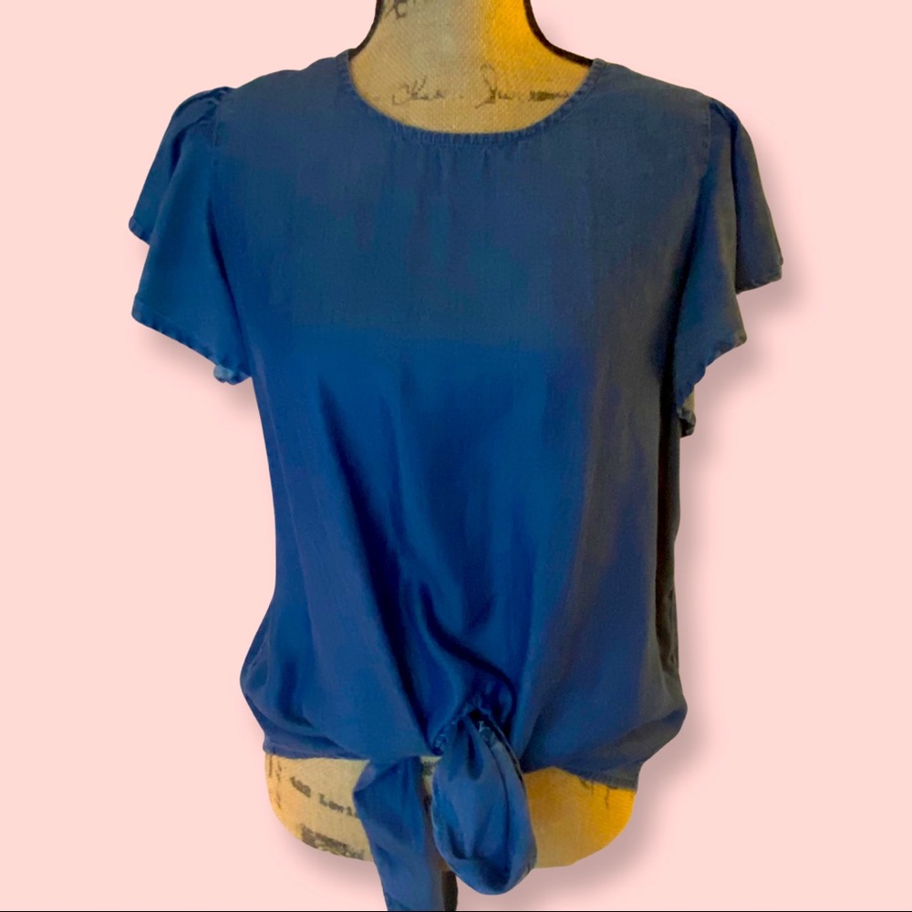 Francesca’s Harper Heritage Chambray Ruffle Sleeve Top. Womens Size Medium